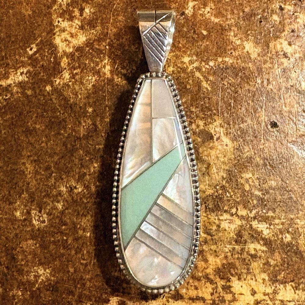 Jay King Pendant Reversible Sterling Silver, Green Variscite & Mother of Pearl